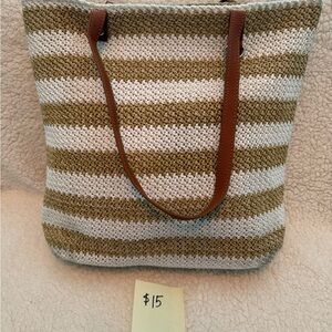 Thirty-One Tan and White Striped Tote Bag